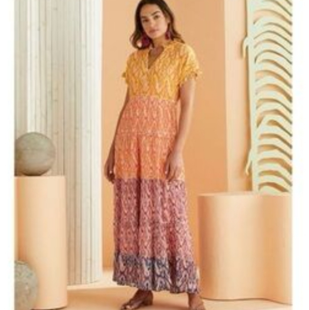 Marie Oliver Yellow Orange Pink Tiered Maxi Dress